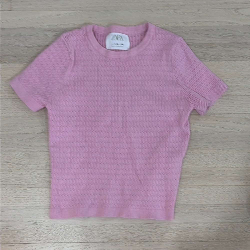 Zara Kids Light Pink Short-Sleeve Textured Knit Top